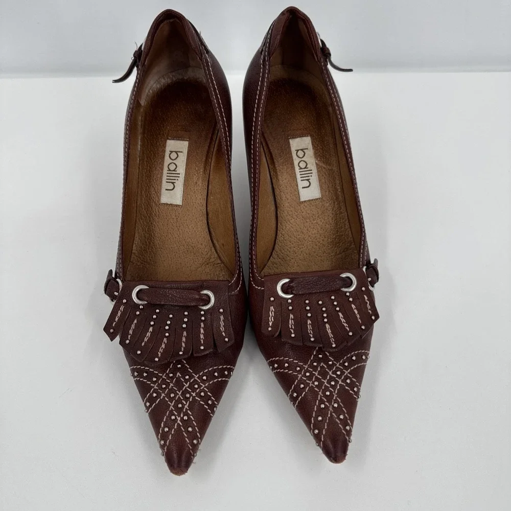 Ballin VTG Brown‎ Leather Kitten Heel 37.5 Italy Studded Fringe Metal Classic